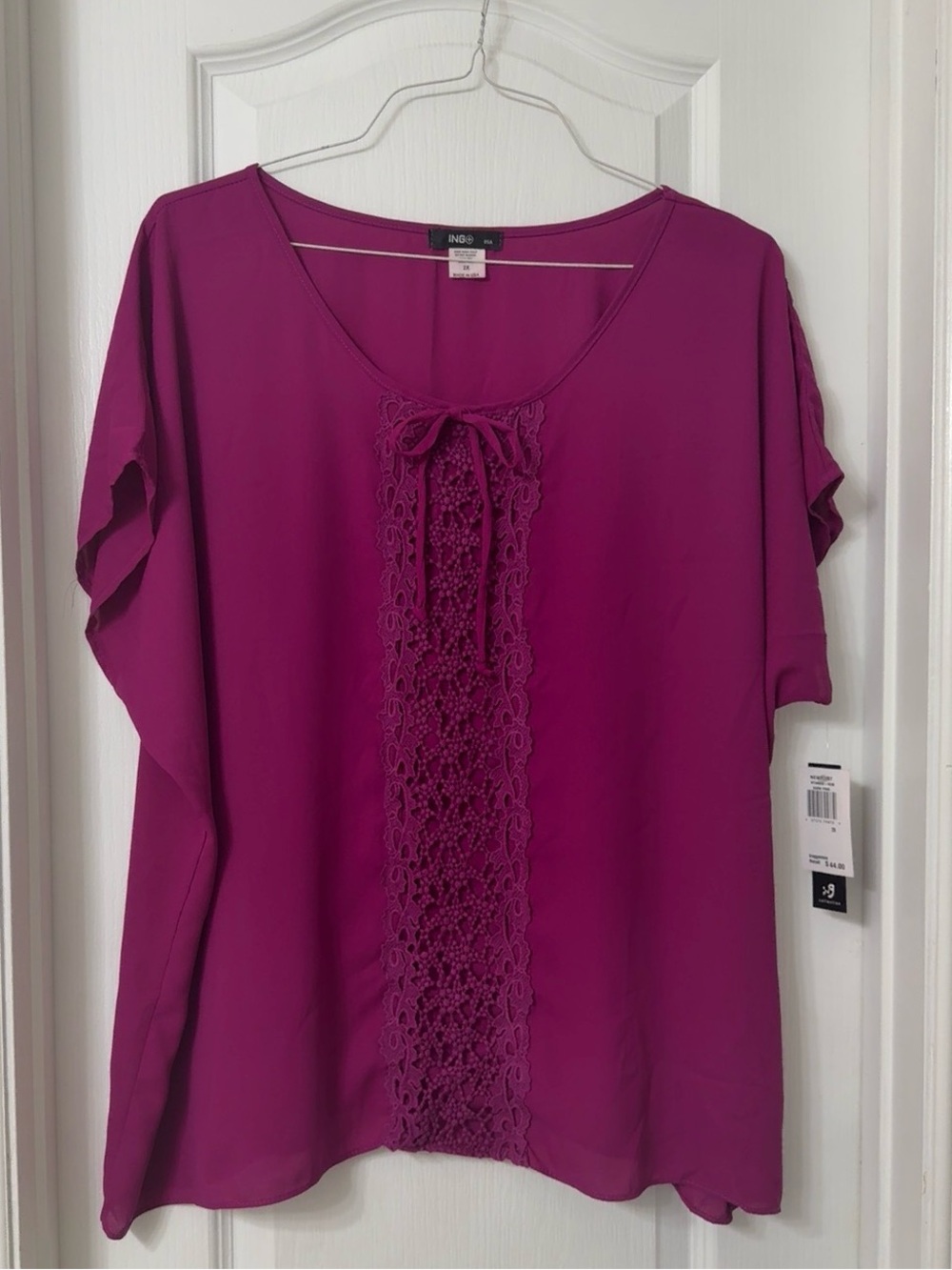 ING Women’s Scoop Neck Short Sleeve Lace Detail Cap Sleeve Fuchsia Blouse 2X